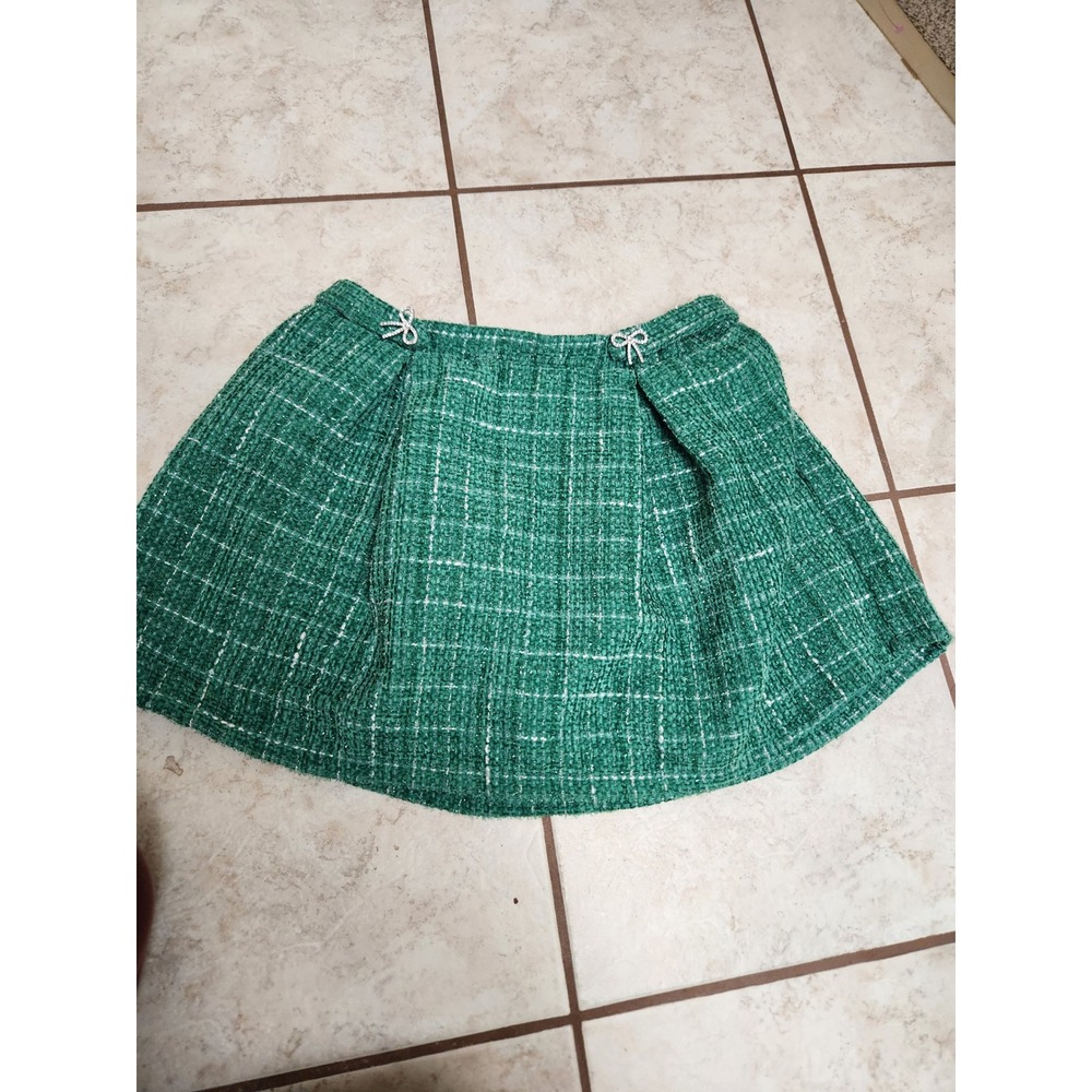 Green Tweed Plaid Mini Skirt Rhinestone Bow‎ Accents Metallic Knit Girls Size M